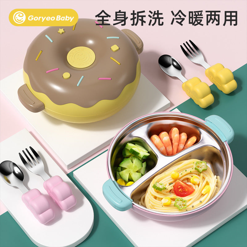 Goryeobaby Kids Stainless Steel Suction Cup Water-Fill Insulated Bowl for Baby (Bento-Style Divided Feeding Plate)