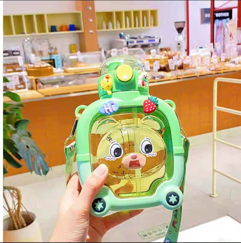 Magic Bear Cartoon Square Creative Kids Water Cup, Stylish Summer Outdoor Shatter-Resistant Large Capacity Single-Drink Plastic Bottle
