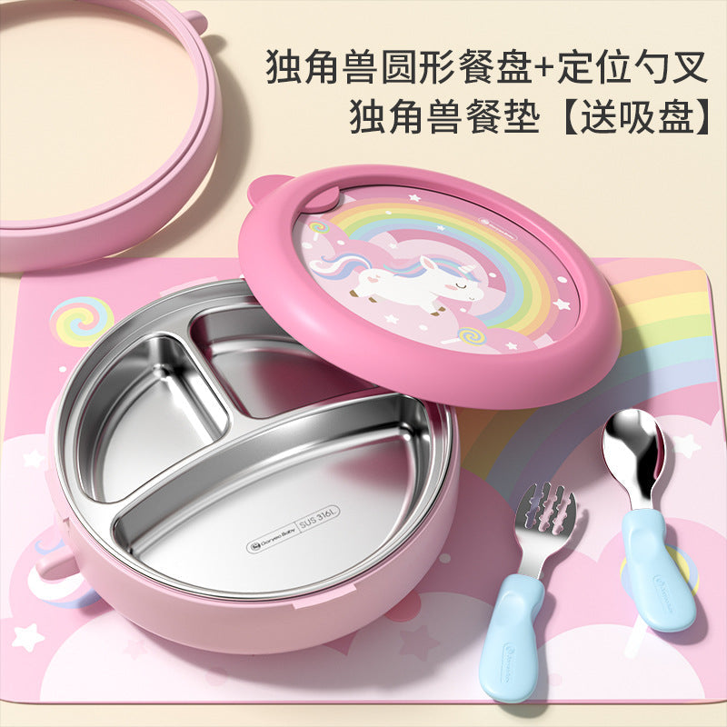 Goryeobaby Kids Stainless Steel Suction Cup Water-Fill Insulated Bowl for Baby (Bento-Style Divided Feeding Plate)