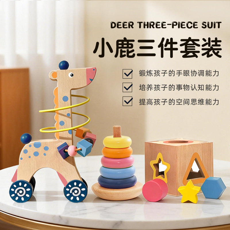 New Wooden Children's Early Education Three-Piece Set: Shape Matching Intelligence Box, Rainbow Stacking Column, and Little Deer Bead-Winding Cart Toy