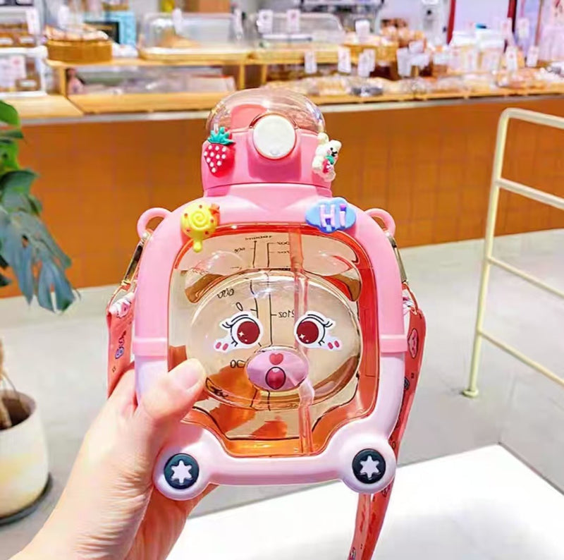 Magic Bear Cartoon Square Creative Kids Water Cup, Stylish Summer Outdoor Shatter-Resistant Large Capacity Single-Drink Plastic Bottle