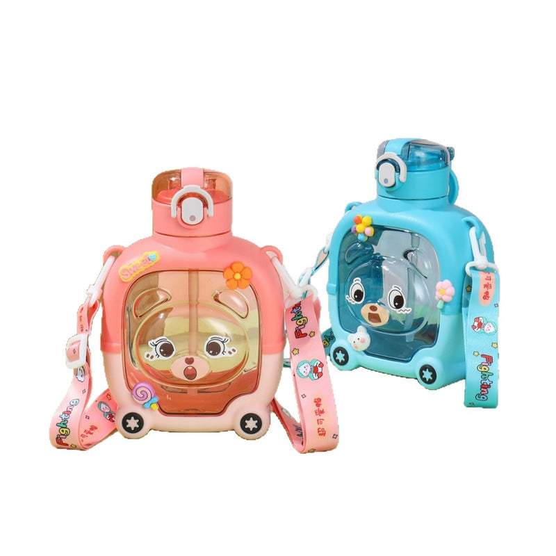 Magic Bear Cartoon Square Creative Kids Water Cup, Stylish Summer Outdoor Shatter-Resistant Large Capacity Single-Drink Plastic Bottle