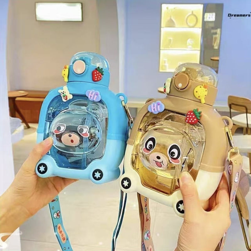 Magic Bear Cartoon Square Creative Kids Water Cup, Stylish Summer Outdoor Shatter-Resistant Large Capacity Single-Drink Plastic Bottle