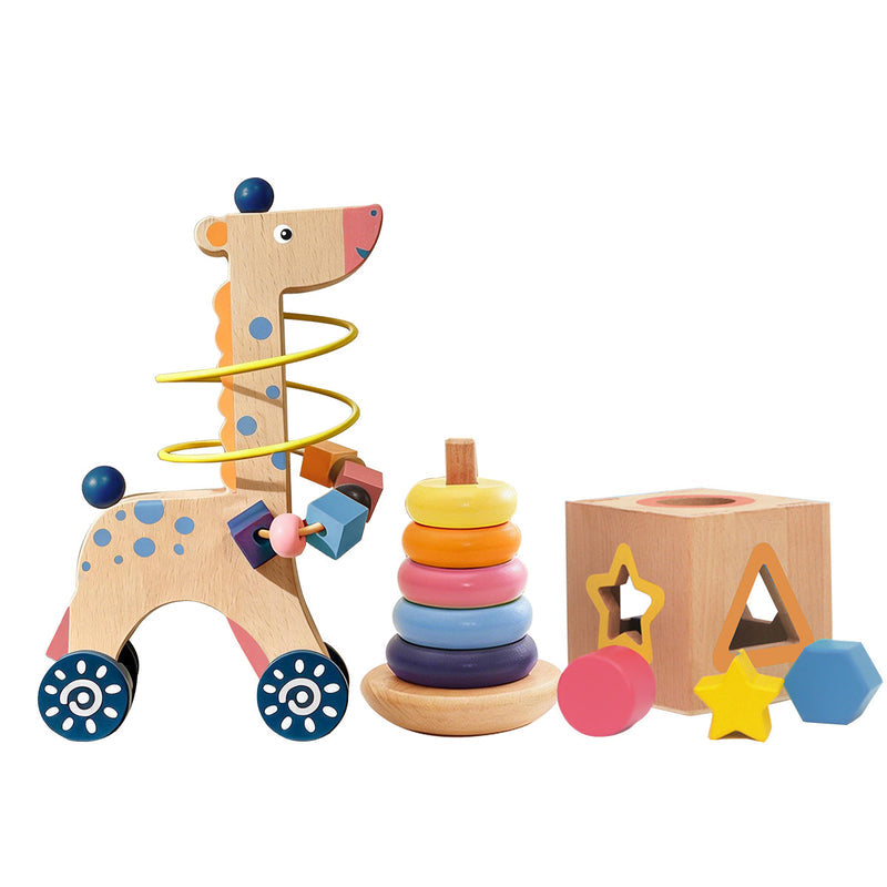 New Wooden Children's Early Education Three-Piece Set: Shape Matching Intelligence Box, Rainbow Stacking Column, and Little Deer Bead-Winding Cart Toy