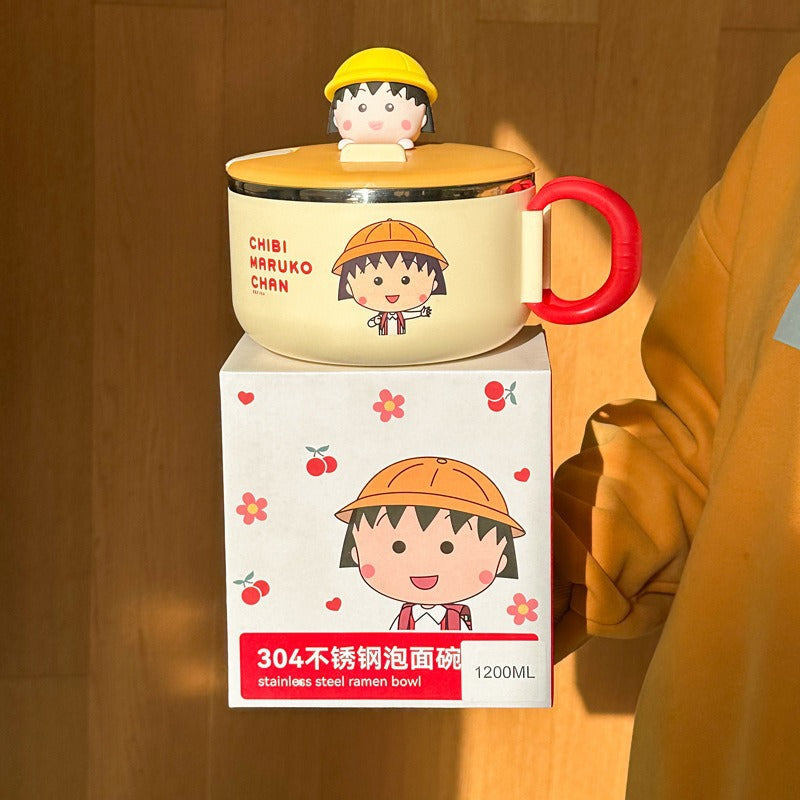 304 Stainless Steel Genuine Chibi Maruko-Chan Instant Noodle Bowl Student Dormitory Cartoon Large Round Instant Noodle Cup with Lid