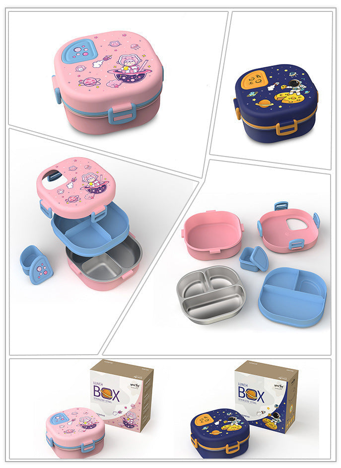 Cross-Border New Cute Student Cartoon Stainless Steel Children's Lunch Box Insulated Lunch Box Double-Layer Lunch Box Three Compartments