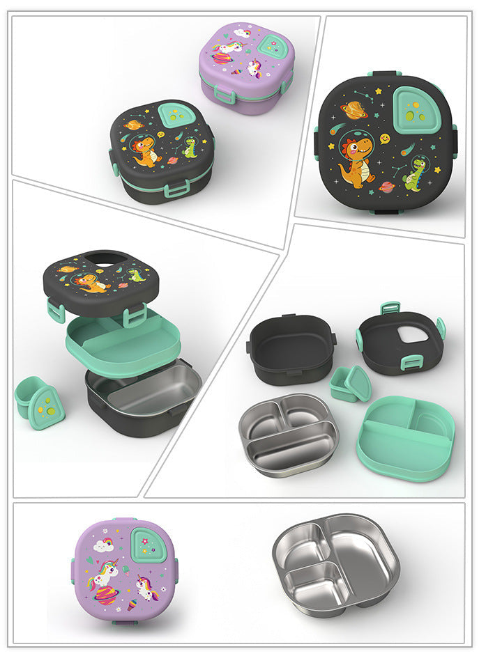 Cross-Border New Cute Student Cartoon Stainless Steel Children's Lunch Box Insulated Lunch Box Double-Layer Lunch Box Three Compartments