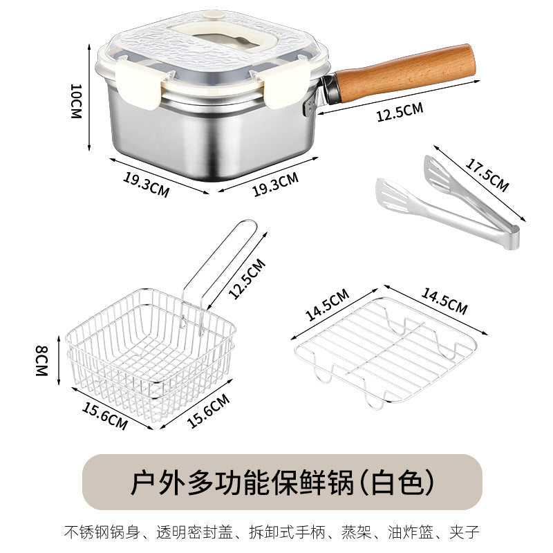 Cross-Border Stainless Steel Square Frying Pan, Multi-Functional Portable Storage Outdoor Pot, Household Storage and Preservation Box
