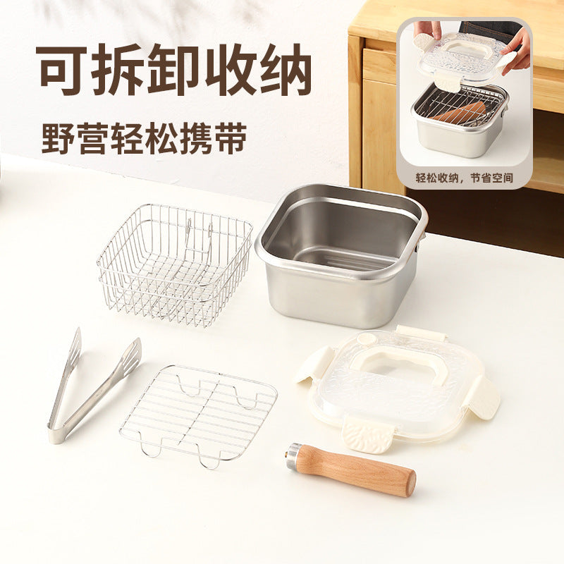 Cross-Border Stainless Steel Square Frying Pan, Multi-Functional Portable Storage Outdoor Pot, Household Storage and Preservation Box