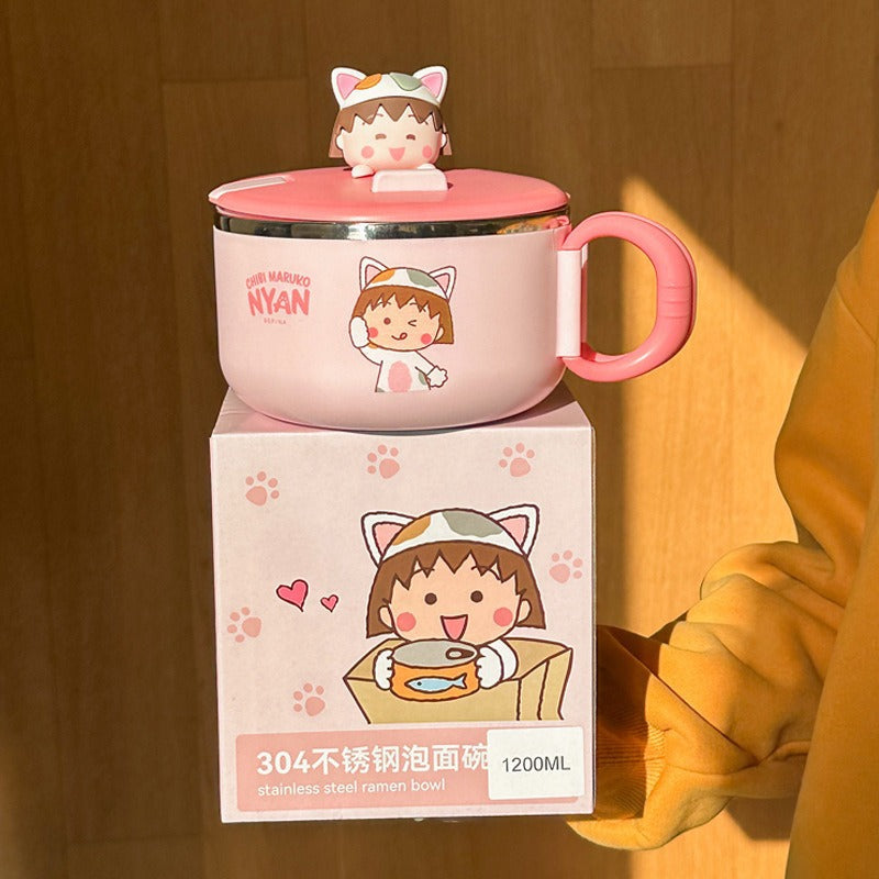 304 Stainless Steel Genuine Chibi Maruko-Chan Instant Noodle Bowl Student Dormitory Cartoon Large Round Instant Noodle Cup with Lid