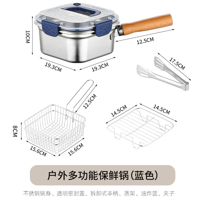 Cross-Border Stainless Steel Square Frying Pan, Multi-Functional Portable Storage Outdoor Pot, Household Storage and Preservation Box