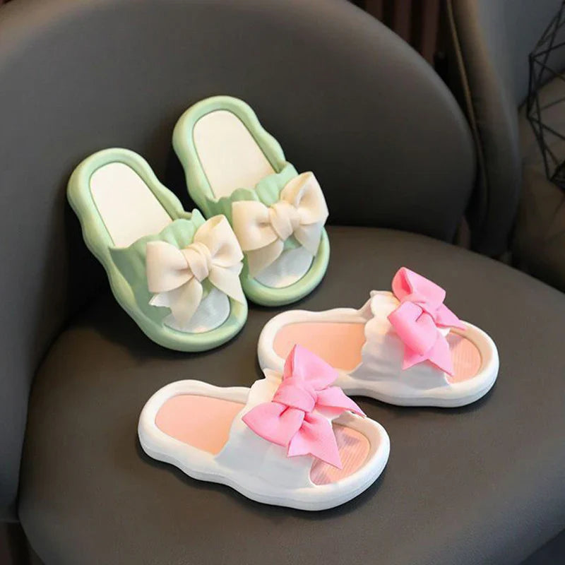 Children Slippers Girls Wearing Soft Soled Slippers Outside Cute Bow Anti Slip Bathroom Slippers Contrast Color Kid Slippers