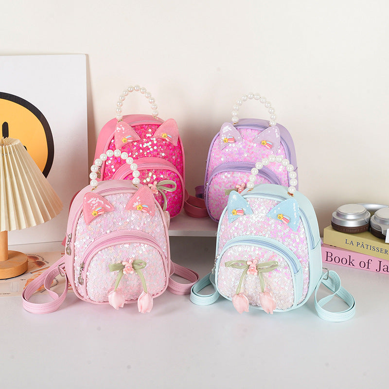 Children's Sequin Bag with Cartoon Bow, Stylish Princess Pu Accessory Bag, Snack Bag, Travel Backpack for Girls Aged 3-5 Years Old