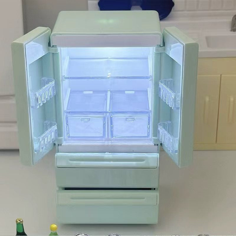 New Model of Dollhouse Dollhouse Double-Door Refrigerator with Lights 1:12 Miniature Food Toy Mini Model Scene