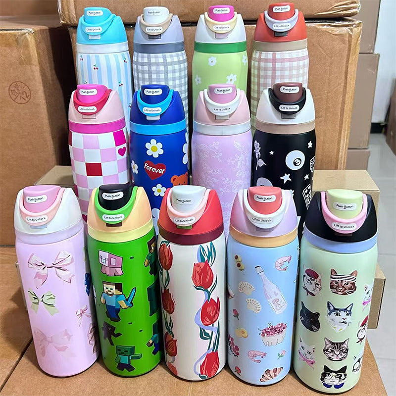 Cross-Border Fruit Cup Owala Style Thermos Cup Large Capacity Double-Layer Vacuum Sports Water Bottle Outdoor Handle Water Bottle