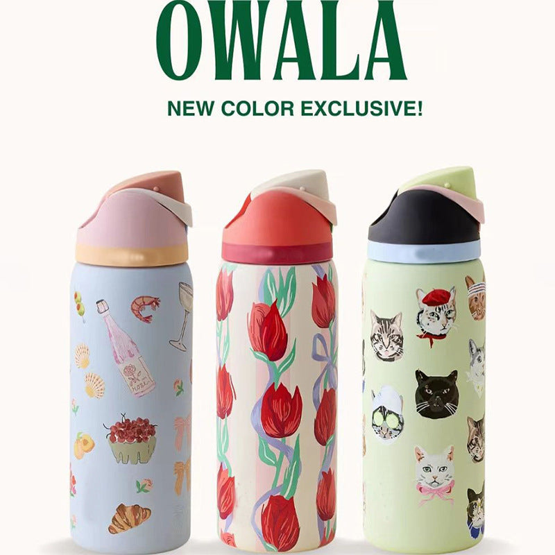 Cross-Border Fruit Cup Owala Style Thermos Cup Large Capacity Double-Layer Vacuum Sports Water Bottle Outdoor Handle Water Bottle