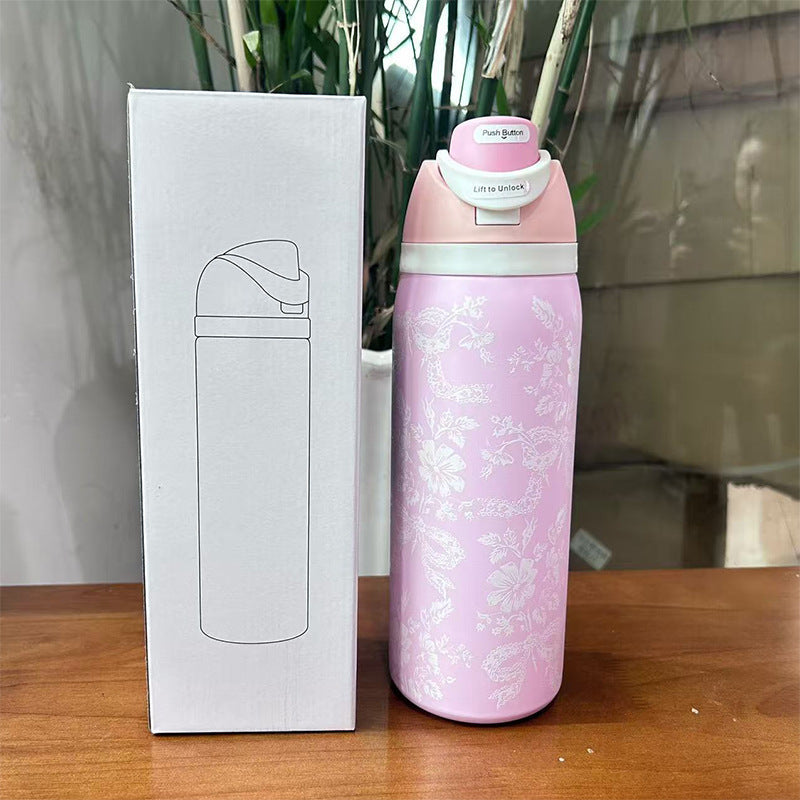 Cross-Border Fruit Cup Owala Style Thermos Cup Large Capacity Double-Layer Vacuum Sports Water Bottle Outdoor Handle Water Bottle