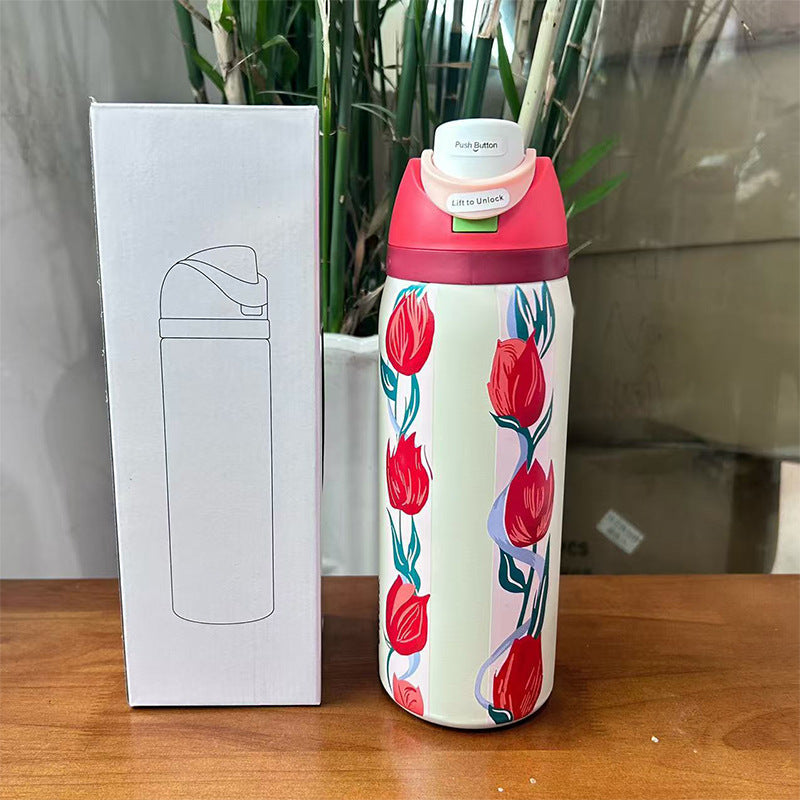 Cross-Border Fruit Cup Owala Style Thermos Cup Large Capacity Double-Layer Vacuum Sports Water Bottle Outdoor Handle Water Bottle