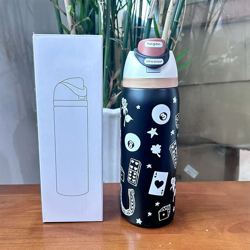 Cross-Border Fruit Cup Owala Style Thermos Cup Large Capacity Double-Layer Vacuum Sports Water Bottle Outdoor Handle Water Bottle