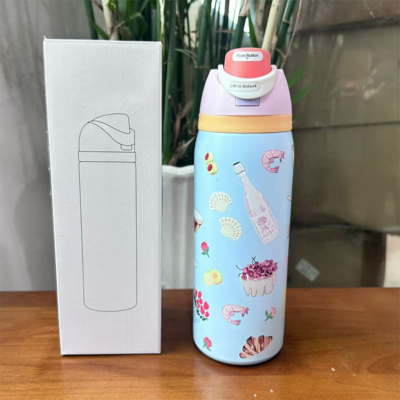 Cross-Border Fruit Cup Owala Style Thermos Cup Large Capacity Double-Layer Vacuum Sports Water Bottle Outdoor Handle Water Bottle