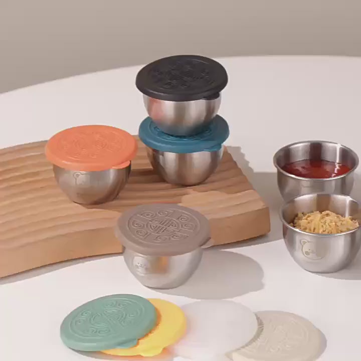 Mini Portable Sauce Cup Seasoning Box Cartoon Bear Plate with Lid Tomato Salad Sauce Cup 304 Stainless Steel