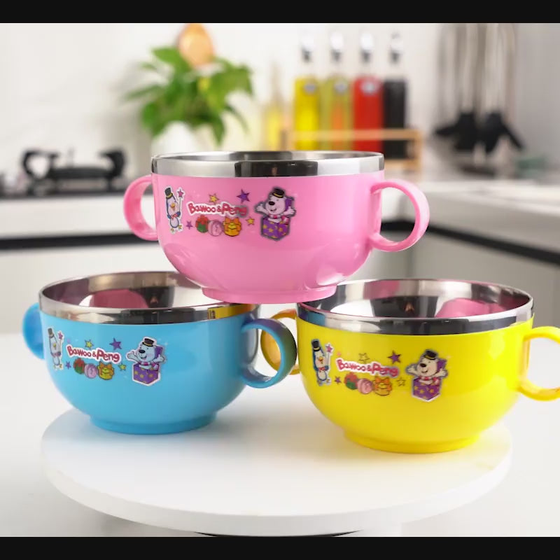 Stainless Steel Cartoon Children's Bowl Double Handle with Lid Heat Insulation Baby Baby Soup Rice Bowl Kindergarten Dining Bowl 420ml