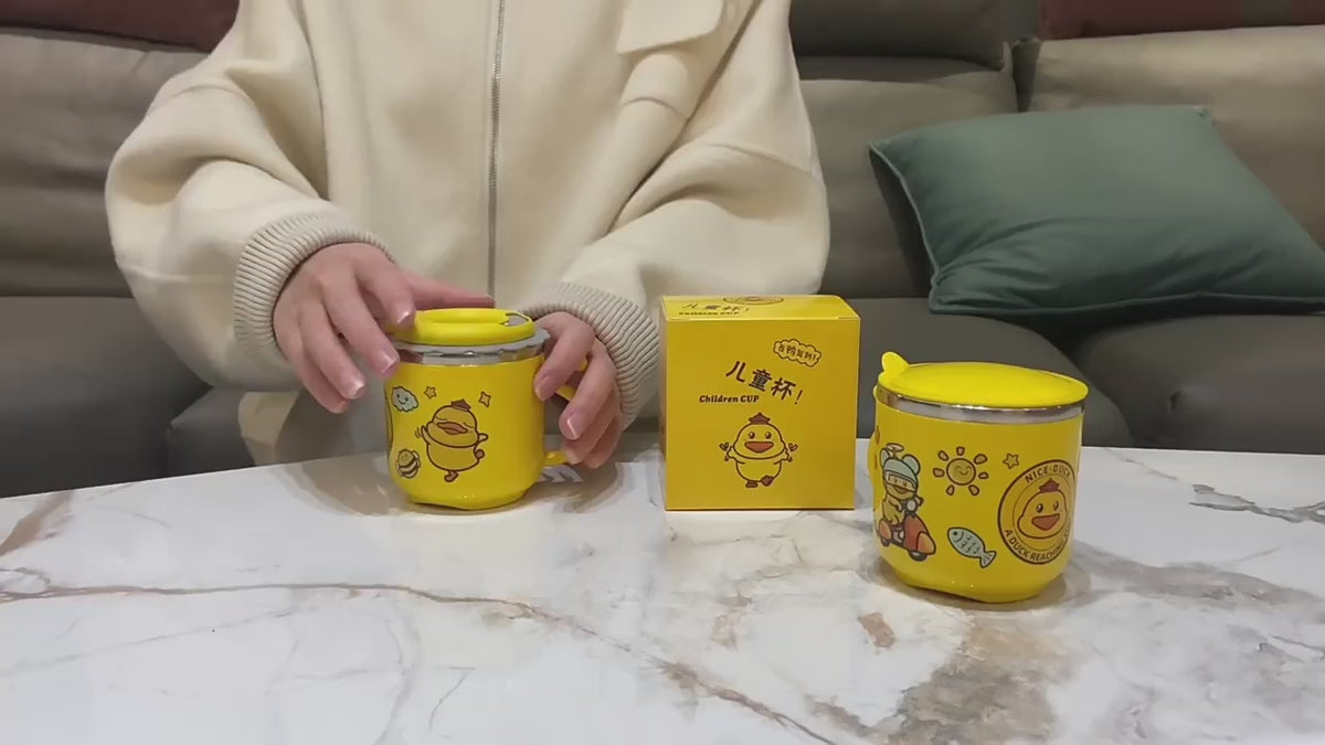304 stainless steel water cup with straw kindergarten Cup double-layer cute children's milk cup small yellow duck gift